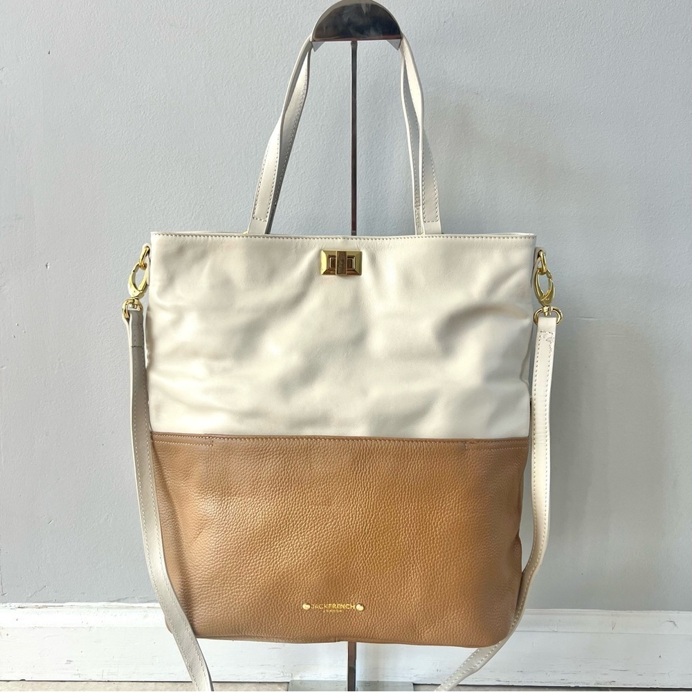 Jack French London Leather Shoulder Bag Large Tote White/Tan